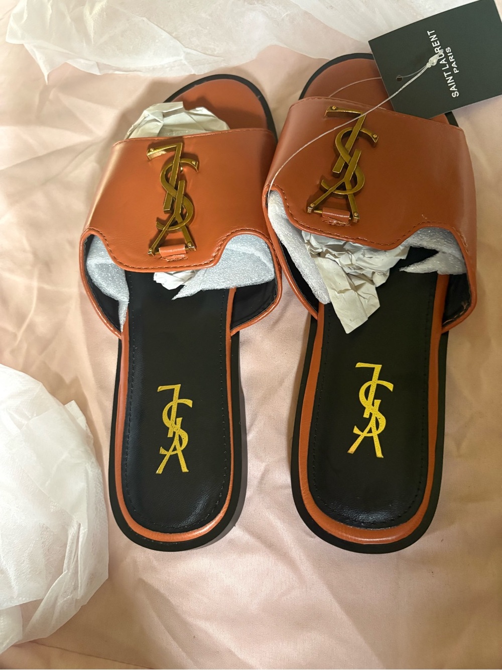 Saint Laurent Orange Leather Slide Sandals with Gold YSL Hardware